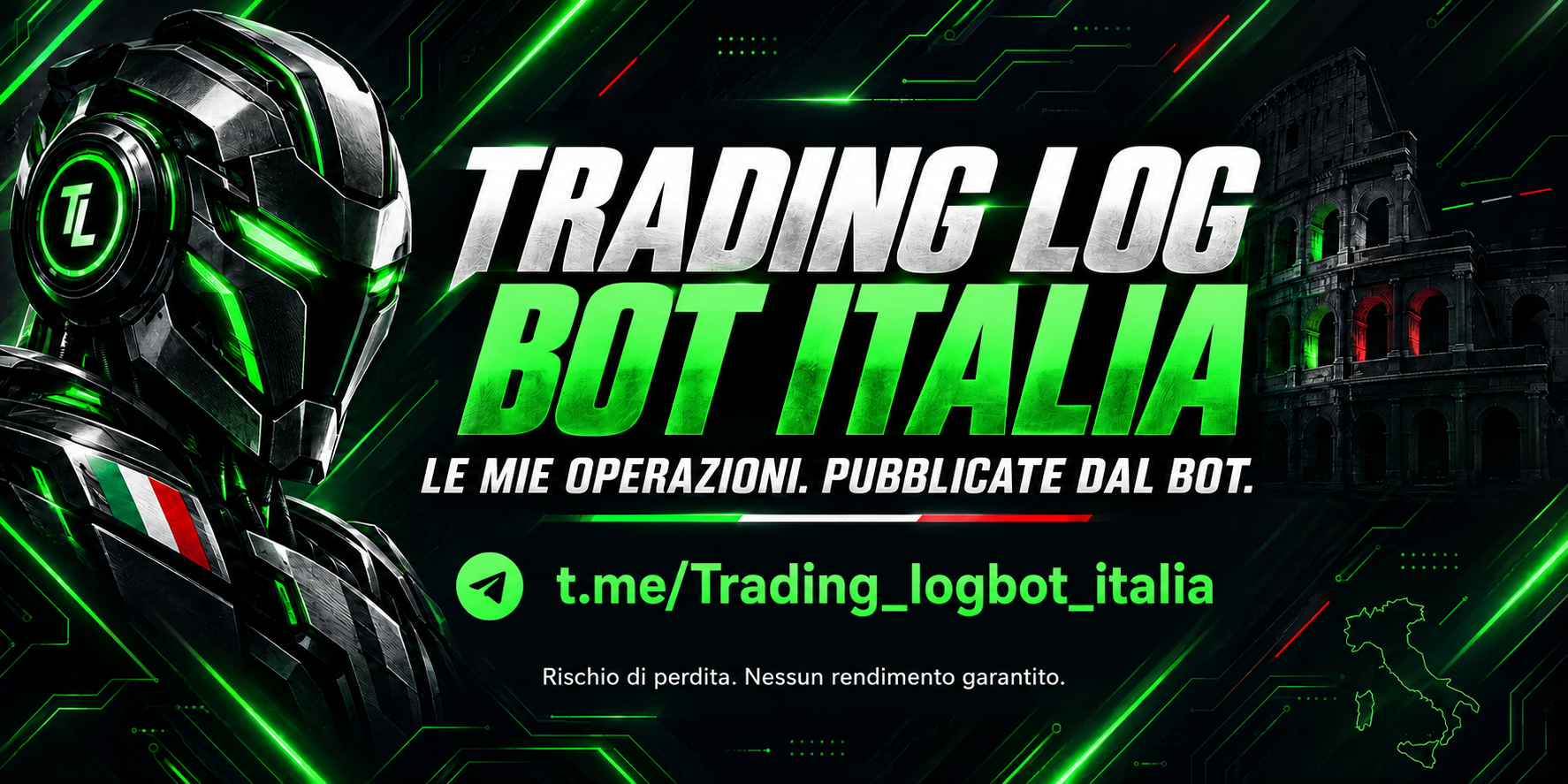 Identità di Trading Log Bot Italia, con un robot e grafici di trading